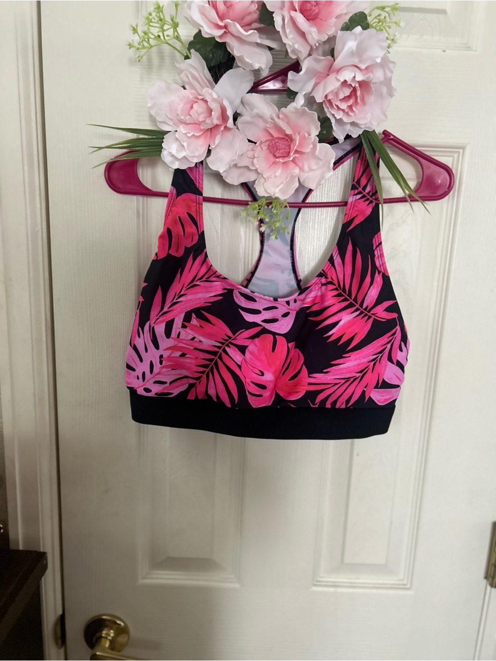 Tropical Leaf bathing suit top- Pink on Black size large .